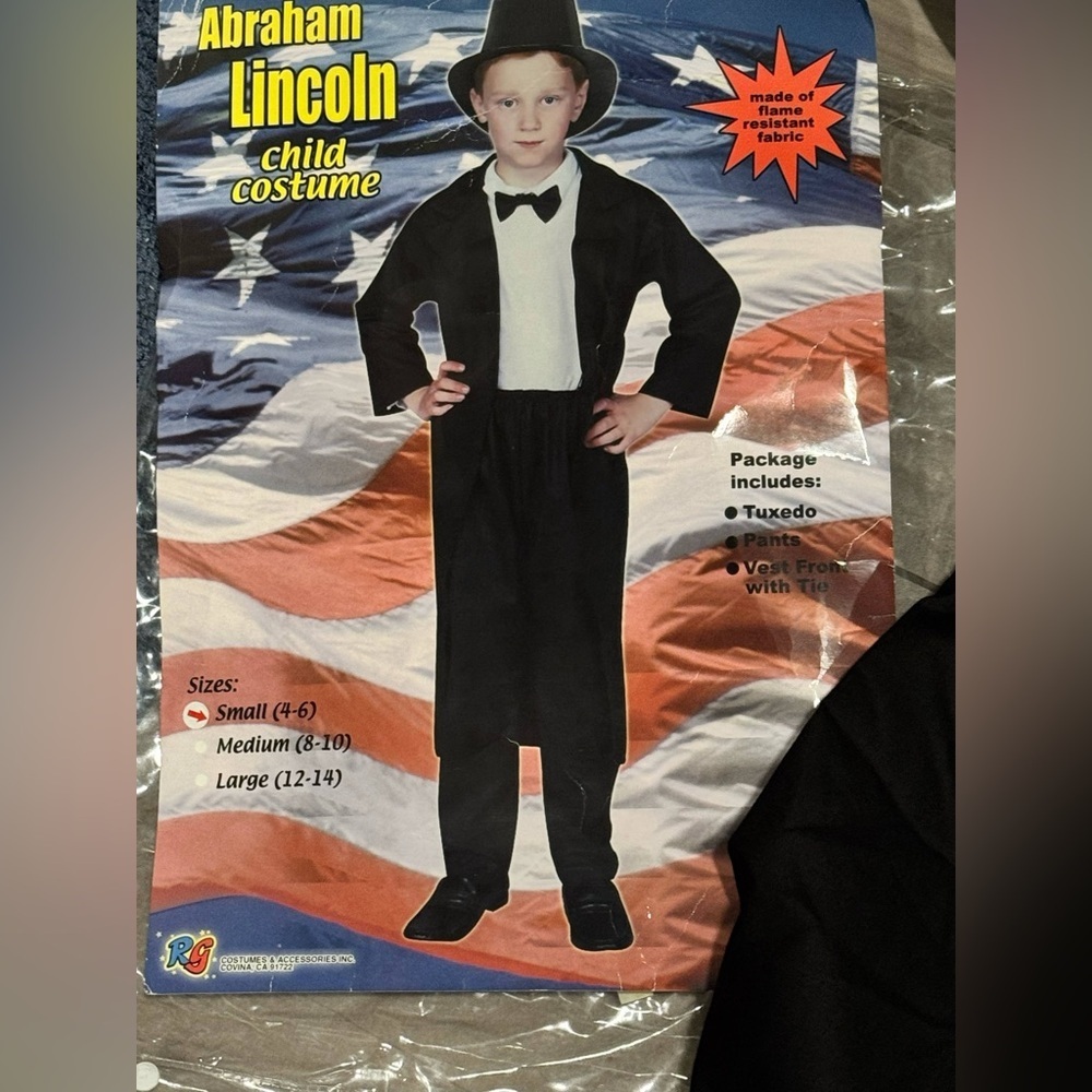 New Abraham Lincoln Child Costume - Black size 4-6 small kids